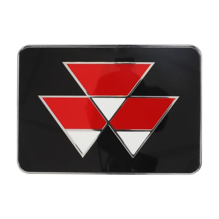 A black rectangle features six interlocking triangles: three red triangles pointing upward and three white triangles pointing downward, reminiscent of the design found on the Massey Ferguson - Grille Badge - 4347562M91 by AGCO.