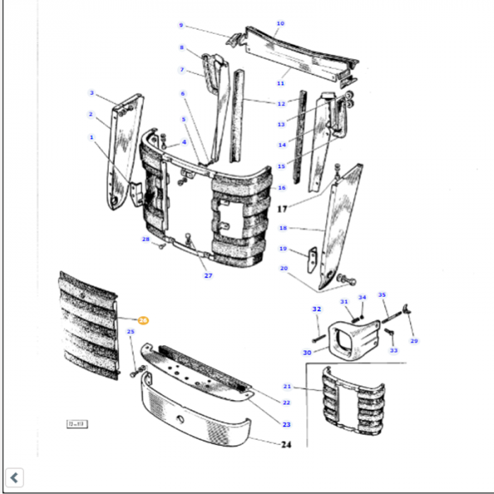 Exploded view diagram of the Massey Ferguson - Grille Gate - 961041M91 automotive component assembly by AGCO, showing various numbered parts and their positions in the model.
