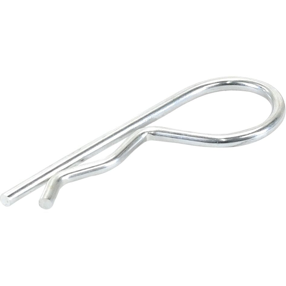 A Grip Clip - Single Wound, Clip Ø4mm x 79mm from Sparex (Sparex Part No.S.12), is a silver cotter pin with a looped head and two prongs, commonly used to secure bolts or other fasteners in machinery or mechanical assemblies such as those from Massey Ferguson.