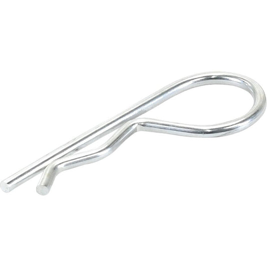 A Grip Clip - Single Wound, Clip Ø4mm x 79mm from Sparex (Sparex Part No.S.12), is a silver cotter pin with a looped head and two prongs, commonly used to secure bolts or other fasteners in machinery or mechanical assemblies such as those from Massey Ferguson.