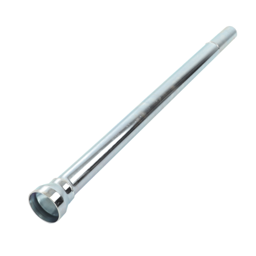 A Massey Ferguson Guard Shaft (3800306M1) by AGCO, featuring a chrome-plated cylindrical metal design with a flared end, shown against a white background.