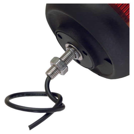 Close-up of the Sparex Halogen Beacon, Bolt on, 12/24V - S.113186 in black and red, with a metal bolt and nut securing a wire that extends from the bottom of the device.