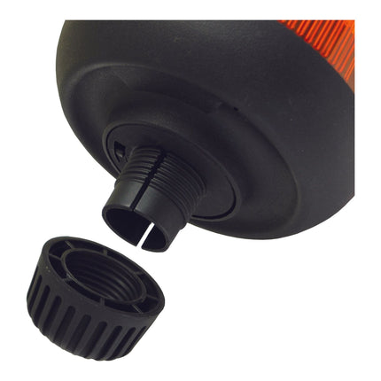 Close-up of a black plastic threaded cap removed from the spout of a round, black container, showcasing its rotating function in the Halogen Beacon, Fixed Pin, 12/24V - S.113183 by Sparex.