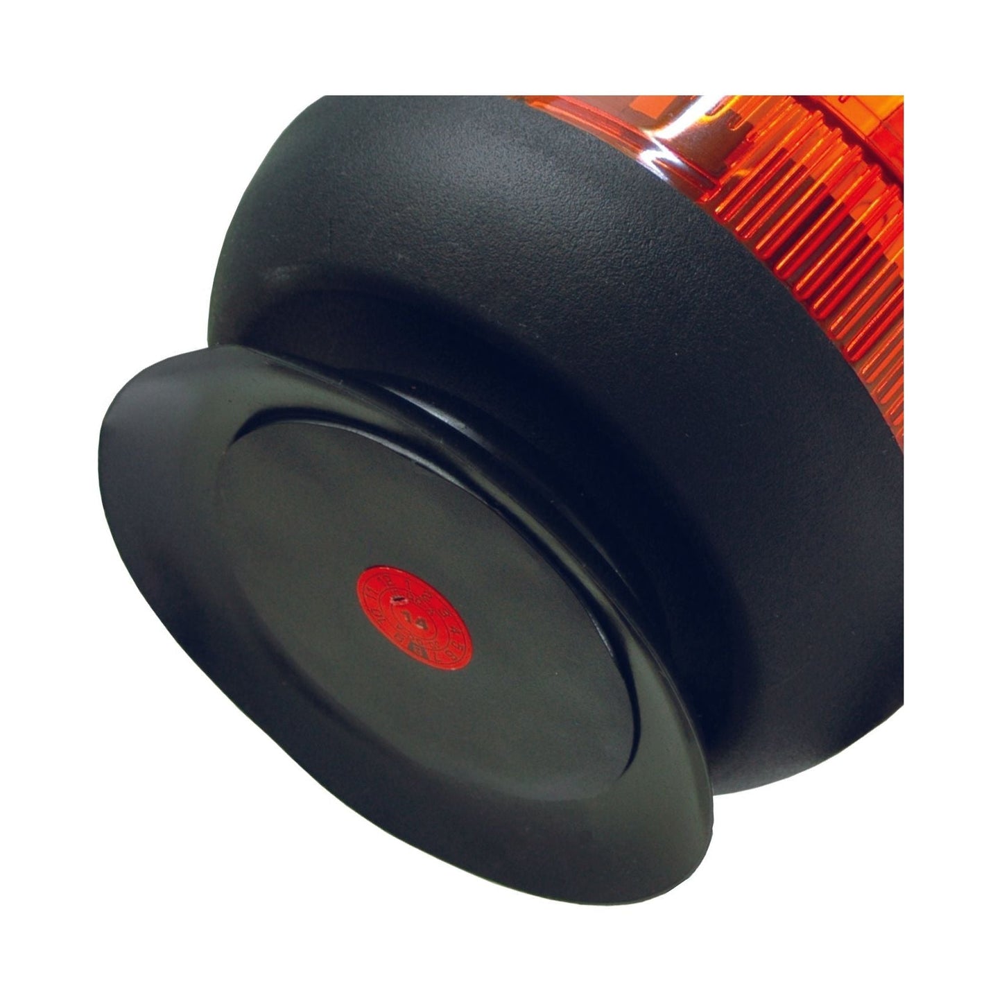 Close-up of the base of an orange and black Halogen Beacon, Magnetic, 12/24V - S.113184 by Sparex with a red circular sticker in the center; this round device is equipped with an IP65 rating for dust and water resistance.