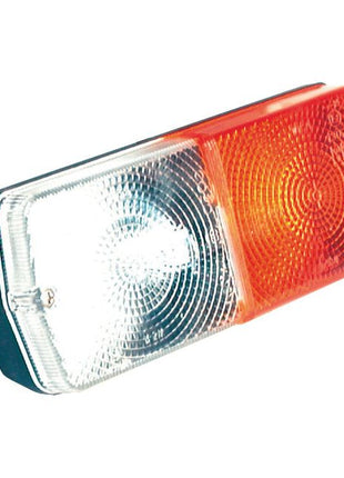 Close-up image of the Sparex Front Combination Light (Halogen), 12V, RH, Straight - S.56366 featuring a polycarbonate clear lens on the left and an amber lens on the right.
