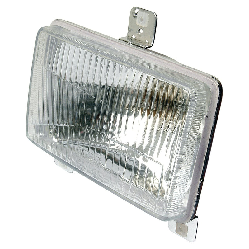Close-up of the Sparex Head Light (Halogen), RH & LH, LH Dip, 12V - S.42424 featuring a rectangular design with a clear lens and metal mounting brackets on the top and bottom.