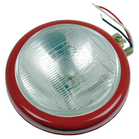A red circular light fixture with a transparent glass cover and attached 12V wiring, perfect as a headlight replacement, is available under the product name "Head Light, (Halogen), RH & LH, Straight, 12V | Sparex Part No.S.73529" by the brand Sparex.