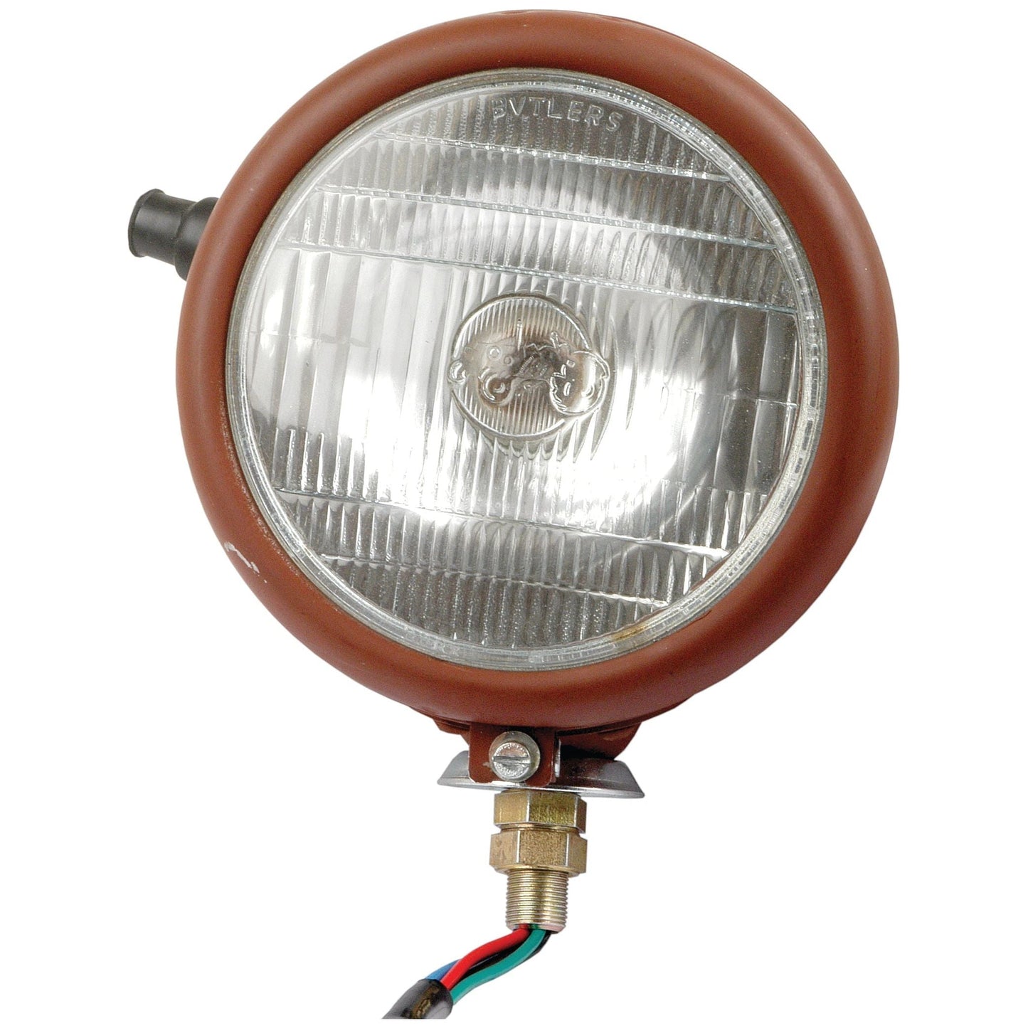 A round, brown vintage automotive headlight with a ribbed glass lens, featuring a durable metal housing and protruding power cables at the bottom, named Head Light (Halogen), RH & LH, Straight, 12V - S.43796 by Sparex.
