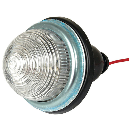 The Sparex Marker Light - Front Facing (Halogen), RH & LH, 12V - S.41131 features a round, clear lens with concentric ridges and a black rubber housing, along with a red wire extending from the back.