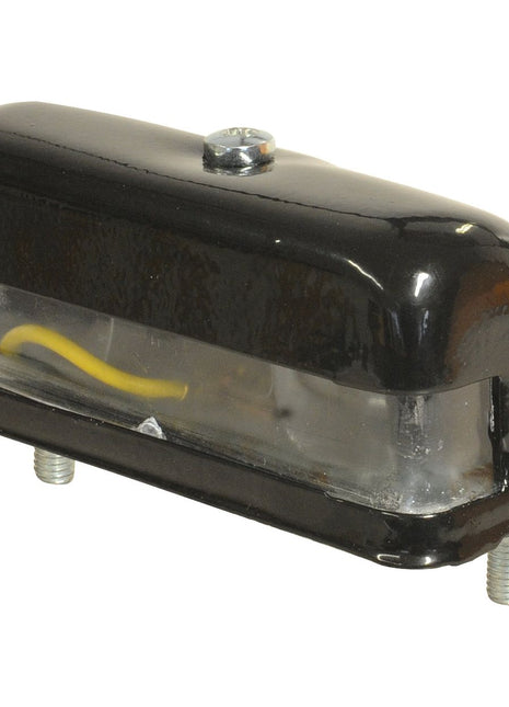 The Sparex Number Plate Light (Halogen), 12V, RH & LH - S.41132 features a rectangular black automotive light housing with a transparent center section that reveals internal wiring and two mounting bolts at the base. Compatible with halogen bulbs, this high-quality product ensures reliable performance for your vehicle.
