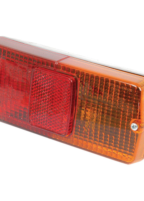 The Sparex Rear Combination Light (Halogen) S.71036, designed for both right and left-hand sides of the vehicle and compatible with a 12V system, features a red and amber rectangular shape with two screw fasteners on either side for mounting. It includes brake, tail, and indicator functions.