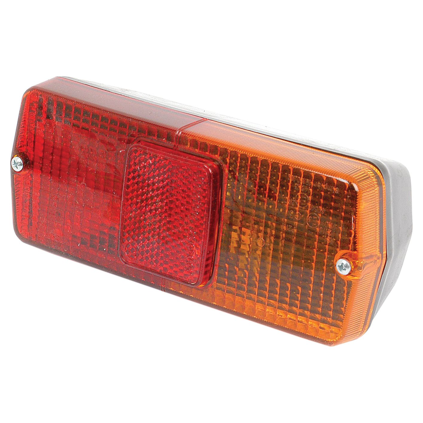 The Sparex Rear Combination Light (Halogen) S.71036, designed for both right and left-hand sides of the vehicle and compatible with a 12V system, features a red and amber rectangular shape with two screw fasteners on either side for mounting. It includes brake, tail, and indicator functions.