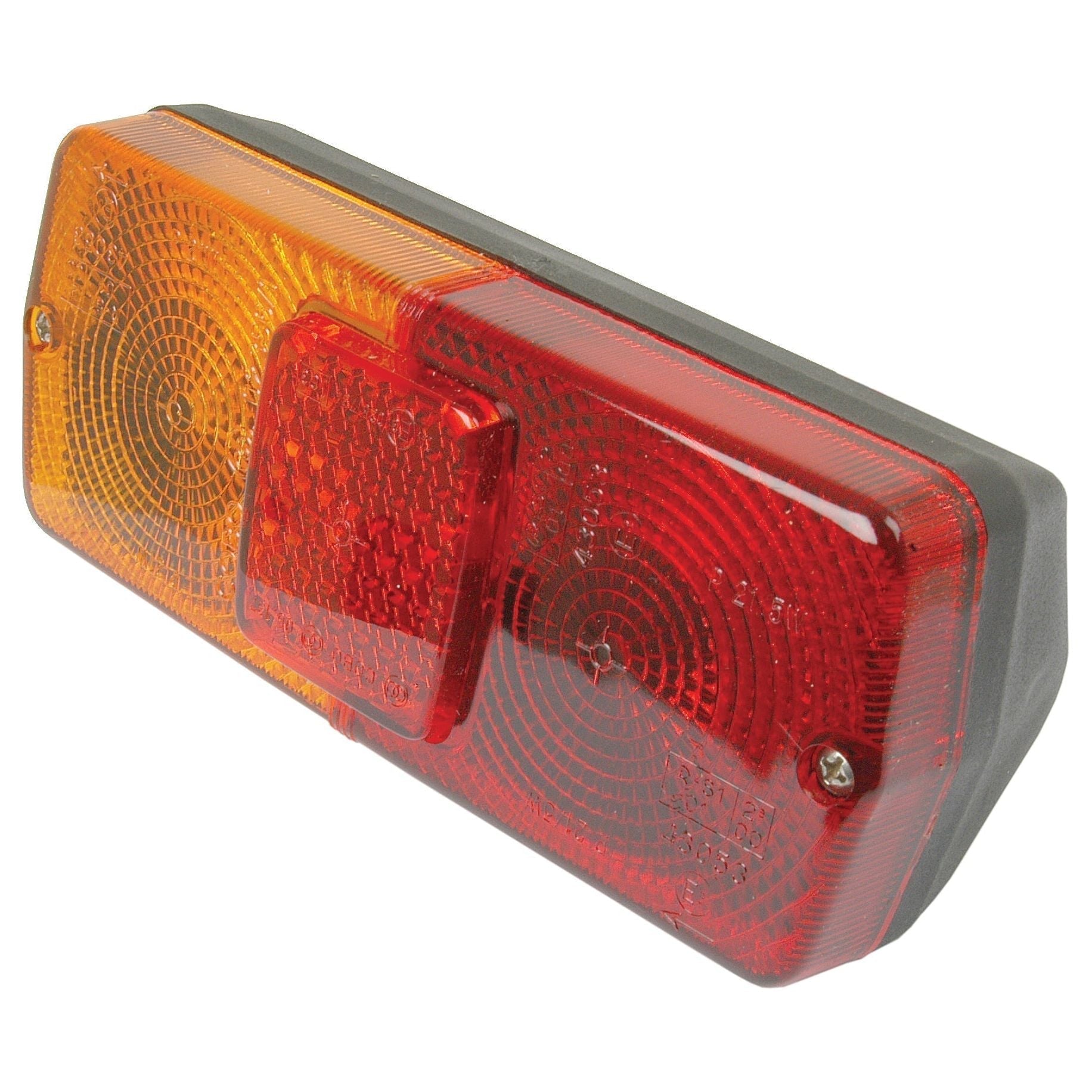 Rectangular Rear Combination Light (Halogen) with amber and red sections, featuring Brake, Tail, and Indicator functions, secured by two screws. Product Name: S.42187 - RH 12V by Sparex.