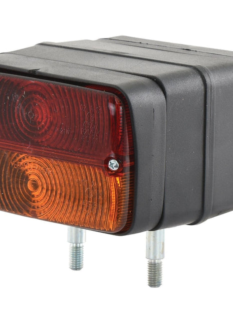 The Side Light - Front/Rear (Halogen), RH & LH, 12/24V - S.56122 from Sparex is a rectangular brake light featuring red and amber lens sections, encased in a black housing, and equipped with two exposed mounting bolts.