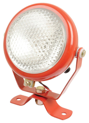 A Sparex Work Light (Halogen), Round, RH & LH, 12V - S.42792, featuring a red color with a metal mounting bracket and a textured, transparent front cover.