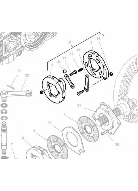 Technical diagram showing the assembly and parts of a mechanical gear system, with components numbered and labeled for identification, including the AGCO Massey Ferguson Handbrake Actuator, product number 3716920M91.