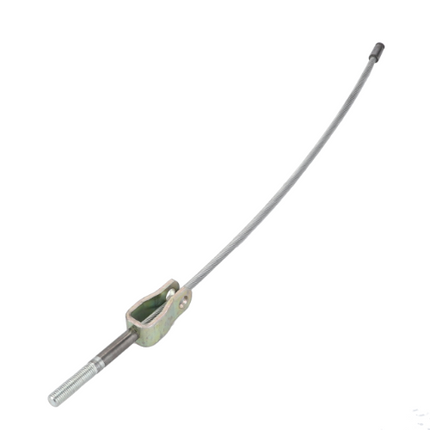 A flexible metal cable, identified as the Massey Ferguson - Handbrake Cable - 1852956M91 from AGCO, features a threaded end connected to a rectangular bracket and is commonly part of the broader mechanical components in Massey Ferguson's 100 Series.