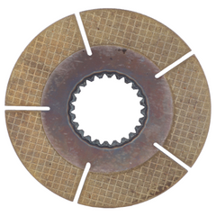 The AGCO Massey Ferguson Handbrake Disc (part number 3385987M1) is a mechanical friction disk with a textured surface and a splined center hole, specifically designed for 6100 Series transmission systems. The outer surface features four equidistant segmented cuts.