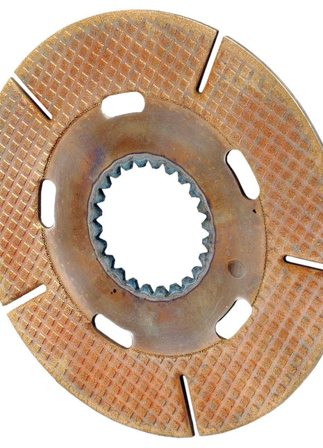 Close-up image of the Sparex Handbrake Friction Disc, featuring a textured, circular metal surface with a gear-like center and slotted grooves along its 165mm edge, incorporating intricate splines for added functionality. Product Code: S.43464.