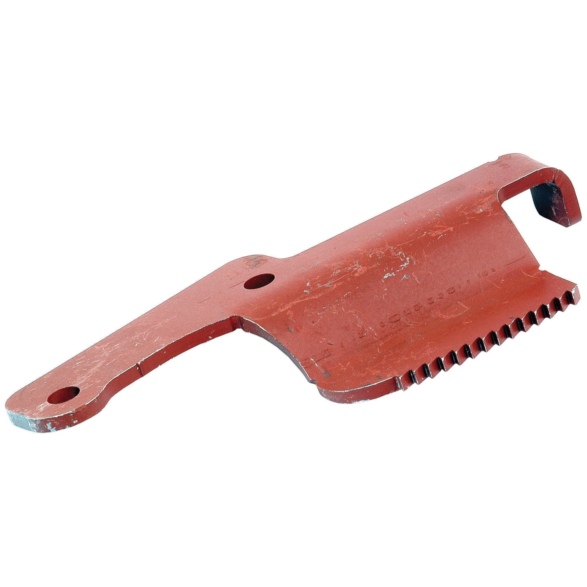 A red metal tool with a serrated edge and two holes, similar to the Handbrake Ratchet used in Ford / New Holland machinery, is likely the Sparex Handbrake Ratchet (Sparex Part No.S.67919).