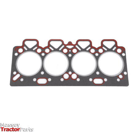 Image of an AGCO - Massey Ferguson Head Gasket (3638845Z1) with circular holes and red outlines, placed against a white background. The "Massey Tractor Parts" logo is in the bottom left corner, ideal for those working with Massey Ferguson tractors from the 100 Series or Perkins 4.236 engines.