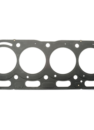 Image of a flat, rectangular metallic Sparex Head Gasket - 4 Cyl. (1104, 1104DE44T, 1104DE44TA, 1104D44) | Sparex Part No.S.43918 from Perkins Engine, featuring four circular openings and multiple perforations for bolts and fluid passages.