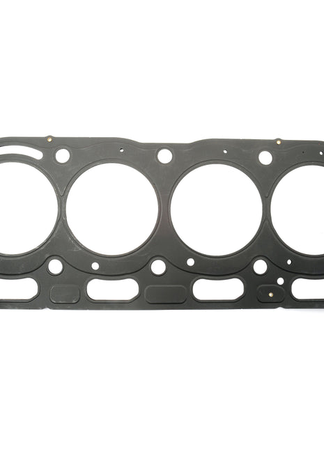 Image of a flat, rectangular metallic Sparex Head Gasket - 4 Cyl. (1104, 1104DE44T, 1104DE44TA, 1104D44) | Sparex Part No.S.43918 from Perkins Engine, featuring four circular openings and multiple perforations for bolts and fluid passages.