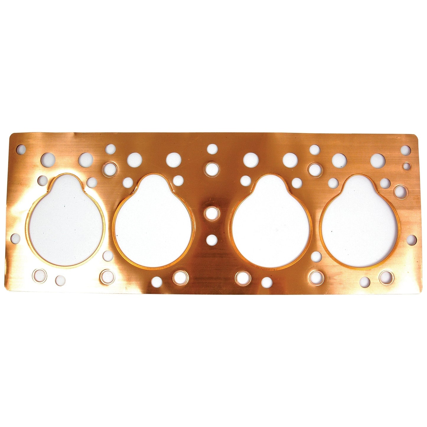The Sparex Head Gasket - 4 Cyl. (20c) | Sparex Part No.S.40617 is a flat, rectangular copper gasket with multiple circular holes, including four larger ones evenly spaced in the center, designed for a 4-cylinder engine.