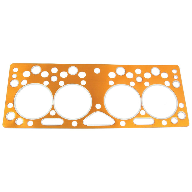 The Sparex Head Gasket - 4 Cyl. (23C, F35) in gold color, designed specifically for Perkins Engines, features multiple circular and oval holes arranged to fit engine components. Ideal for Massey Ferguson tractors, this gasket ensures a precise and reliable seal. The Sparex Part No. is S.40618.