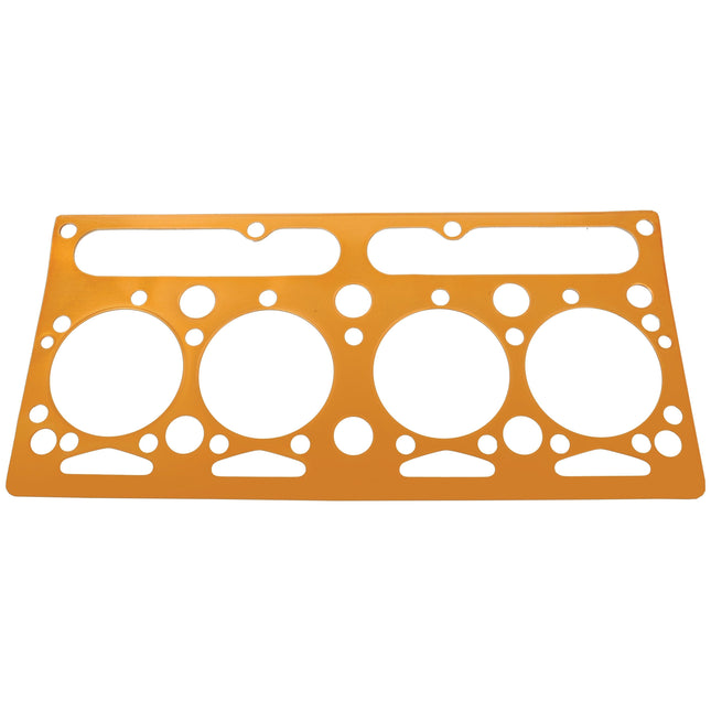 A rectangular metallic gasket with multiple cutouts, including four large circular holes, designed as a Sparex Head Gasket - 4 Cyl. (AD4.203, D4.203), Part No.S.40623 for a Perkins Engine.