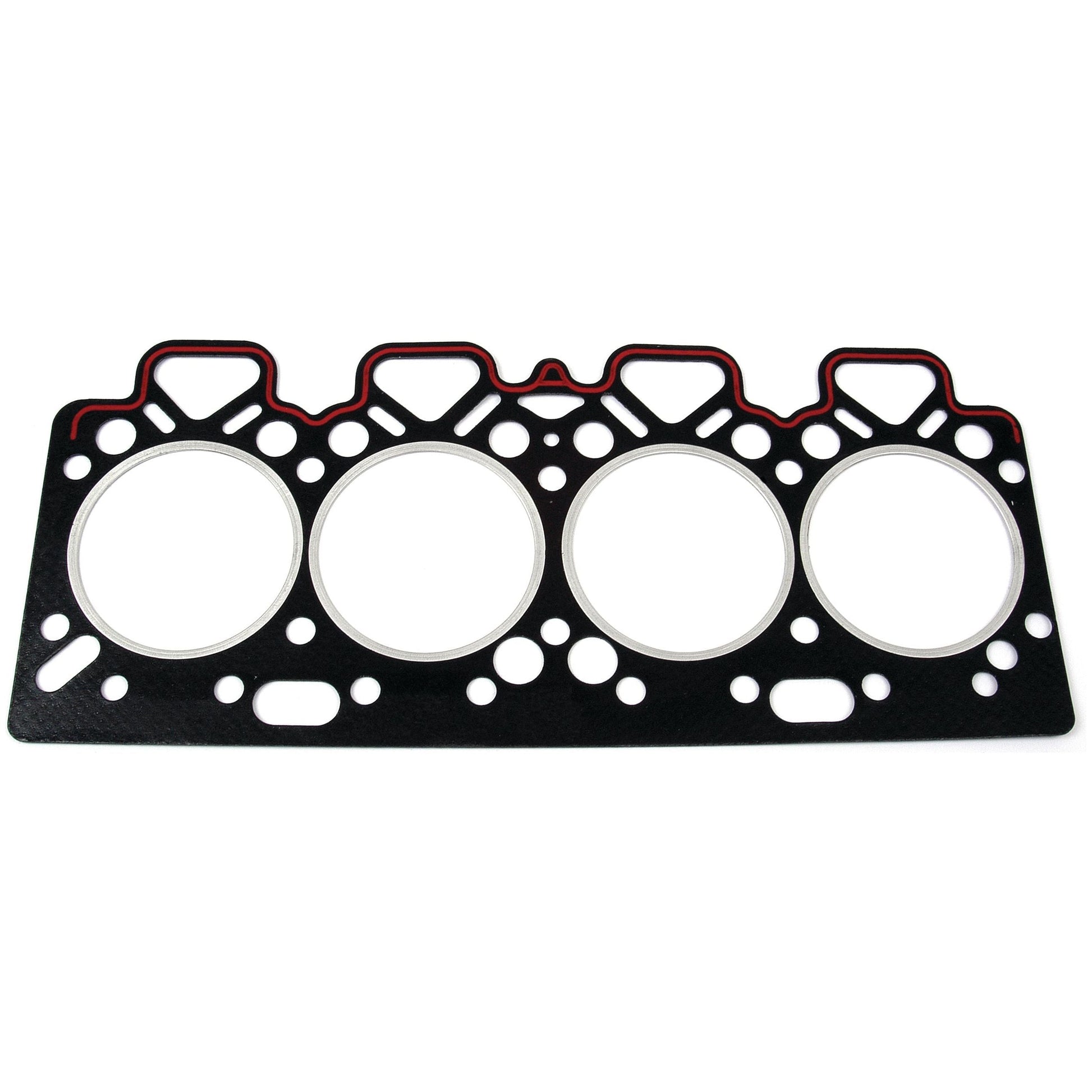 The Head Gasket - 4 Cyl. (D39T, AT4.236, A4.236, A4 236, A4. 248, A4. 212, 1104C-44, 4.236) by Sparex (Part No.S.40624) is a rectangular head gasket designed for Perkins engines featuring four round openings and additional smaller holes on its black body with red and white accents; it is also asbestos-free for enhanced safety.