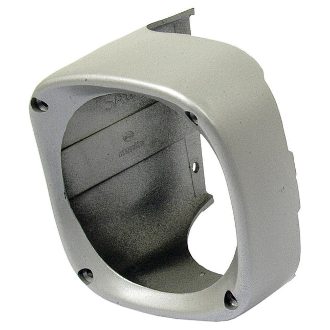 The Sparex Head Light Cowl (RH) - Part No. S.41106 is a grey, square-shaped metal cover with a circular opening and screw holes in the corners, designed to protect and maintain the integrity of your Massey Ferguson headlight cowl.