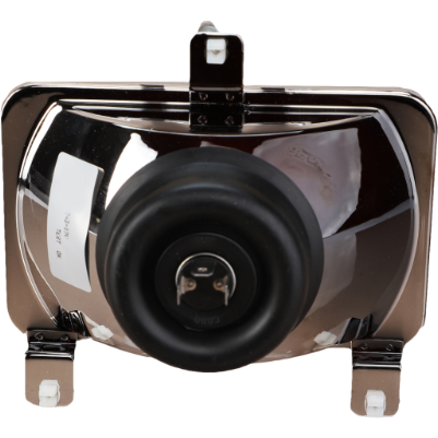 Close-up view of the Massey Ferguson - Headlight - 1693943M93 by AGCO, a rectangular, metallic automotive headlamp assembly with a black rubber gasket and central electrical connector. It features mounting brackets on the sides and is ideal for 200 Series Massey Ferguson tractors.