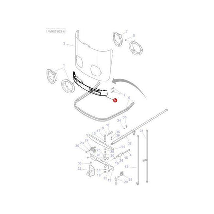 Exploded view of automotive parts, including a hood, grille, and various connectors and fasteners, labeled with numbers for assembly reference. Perfect for servicing your Massey Ferguson 6400 or similar models. Featuring the AGCO Massey Ferguson Headlight Surround (Part Number: 4291485M3).