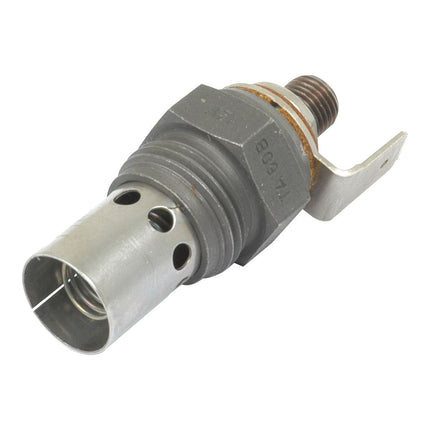 Close-up of the Heater Plug - S.40627, a metal automotive sensor featuring a threaded end and multiple holes along its cylindrical body, ideal for integration with Sparex systems.