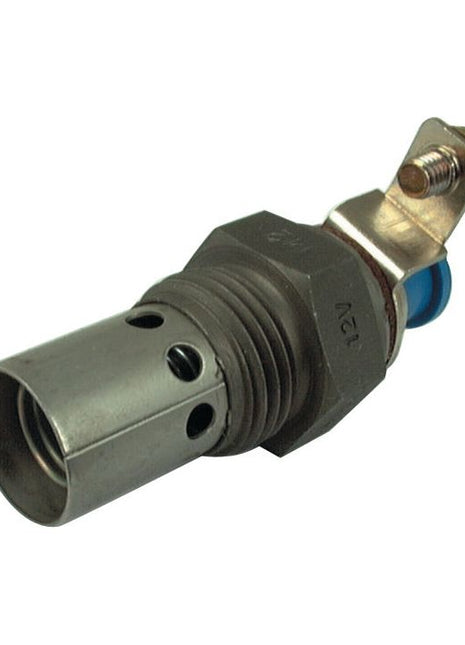 The Heater Plug - S.41322 from Sparex is a metallic automotive solenoid featuring a BSP thread base and electrical connectors on one end, making it ideal for integration into diesel engine systems.