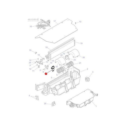 Exploded diagram of the AGCO Massey Ferguson Heater Resistor - 3904295M3 / V37222400, showing all component parts including screws, wires, motors, and housing units labeled with numbers for identification.