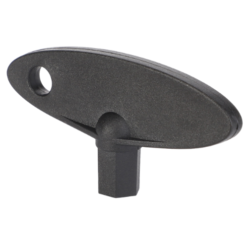 Close-up of the Massey Ferguson Hexagonal Hood Key (3813582M1) by AGCO, featuring a black plastic handle with an oval-shaped grip and a hole on one end, marked with the number 5713.