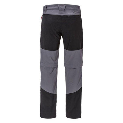 A pair of AGCO Massey Ferguson Hiking Work Trousers (X993322103) in black and gray, featuring a rear view with a two-toned, color-block design and zippered side pockets. These quick-drying pants are also breathable, making them perfect for outdoor adventures.