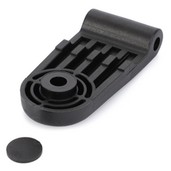 AGCO Massey Ferguson hinge rear window part number 3804698M2 is a black plastic mechanical component featuring a cylindrical hinge and an attached circular disk, designed for use in Massey Ferguson 4200 Series equipment.