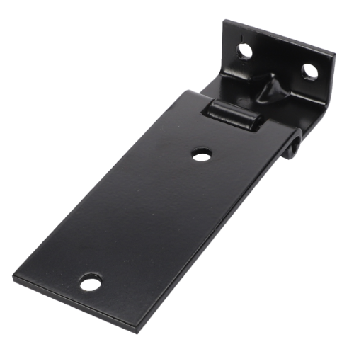 A sturdy piece of hardware similar to the Hinge Sunroof for Massey Ferguson 300 Series tractors, branded under AGCO and identified by part number 3478356M1, shares characteristics with a black metal hasp featuring three mounting holes and a hinge, designed for securing doors or lids with a padlock.