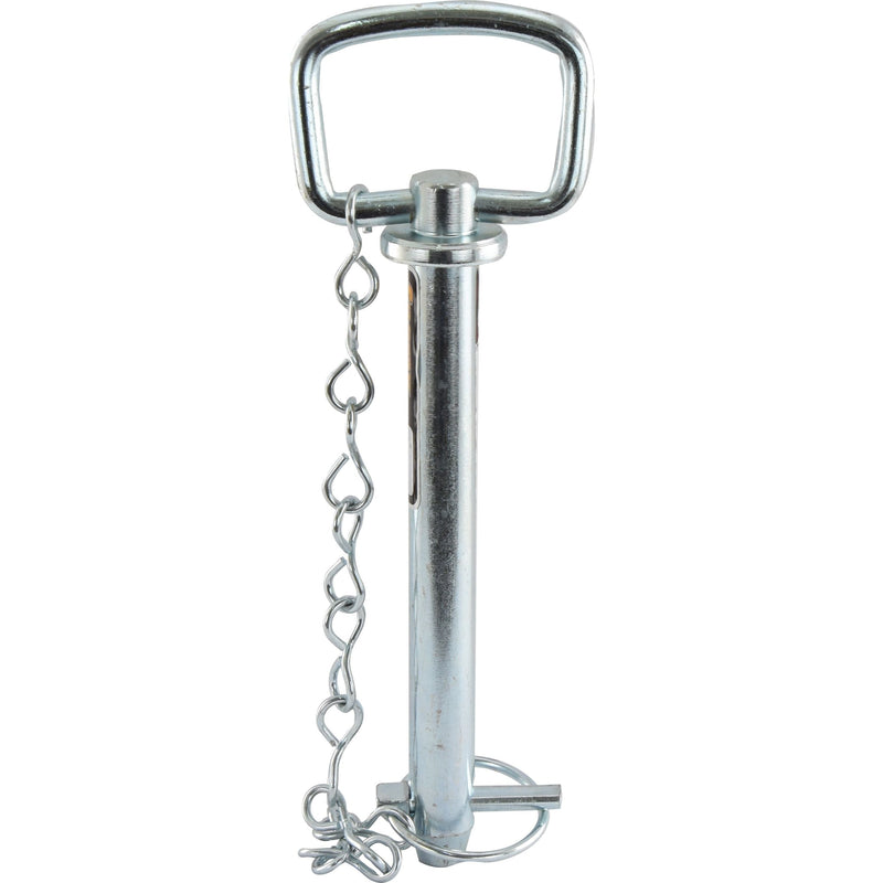 The Sparex Hitch Pin with Chain & Linch Pin 19x157mm (Sparex Part No. S.404) is a metal locking pin attached to a handle by a chain, featuring a working length of 157mm and a pin diameter of 19mm, suitable for Massey Ferguson.