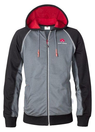The AGCO Massey Ferguson Hoodie (X993311902) is a gray and black zip-up hoodie that comes with a red interior and matching red drawstrings. It features a small logo on the left chest and includes reflective detailing for enhanced visibility.
