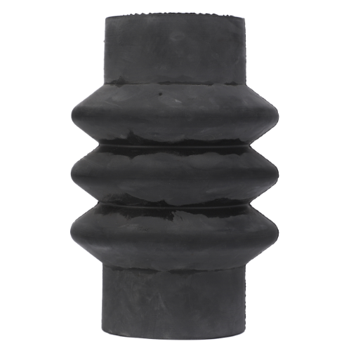 The Massey Ferguson - Hose - 3714794M1 by AGCO is a black, cylindrical rubber expansion joint featuring several ridges and a wider middle section.