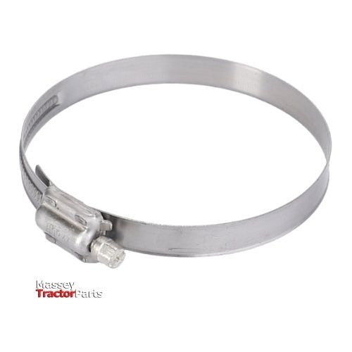 A metallic hose clip with a screw adjustment, featuring the "Massey Tractor Parts" logo in the corner, perfect for your Massey Ferguson tractor. The product is officially named Massey Ferguson - Hose Clip - 3010158X1 and comes from the reputable brand AGCO.