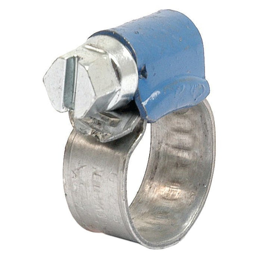 The Hose Clip, Min Ø44mm, Max. Ø56mm (Sparex Part No.S.4331) from Sparex is a robust galvanised steel clamp with a blue screw mechanism.