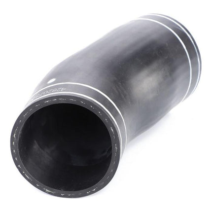 The AGCO Massey Ferguson - Hose Turbo - 4282078M1 is a black rubber hose featuring white markings, designed with a slight curve and tapered at one end, ideal for fluid transfer or air intake applications. This hose is compatible with the Massey Ferguson 5400 Series.