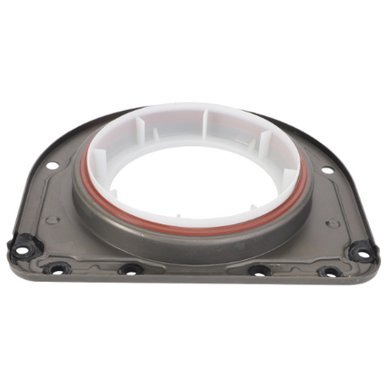 The Massey Ferguson Housing Rear Crankshaft with Seal (4224532M1) by AGCO features a circular mechanical component with a white inner ring and a brown seal, all mounted on a rectangular metal base with multiple bolt holes. This part is commonly found among tractor components used in Massey Ferguson models.