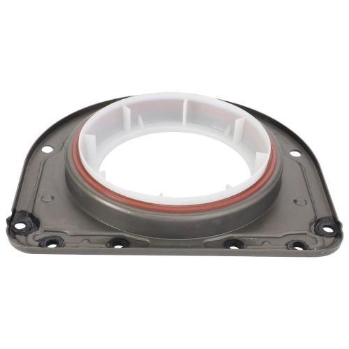 The Massey Ferguson Housing Rear Crankshaft with Seal (4224532M1) by AGCO features a circular mechanical component with a white inner ring and a brown seal, all mounted on a rectangular metal base with multiple bolt holes. This part is commonly found among tractor components used in Massey Ferguson models.