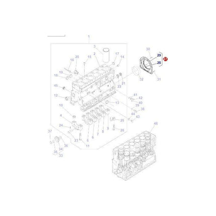 An exploded view diagram of a mechanical engine, specifically highlighting the Massey Ferguson – Housing Rear Crankshaft c/w Seal (part number 4224532M1) from AGCO, displaying multiple numbered components and tractor parts with corresponding labels and lines indicating assembly positions.